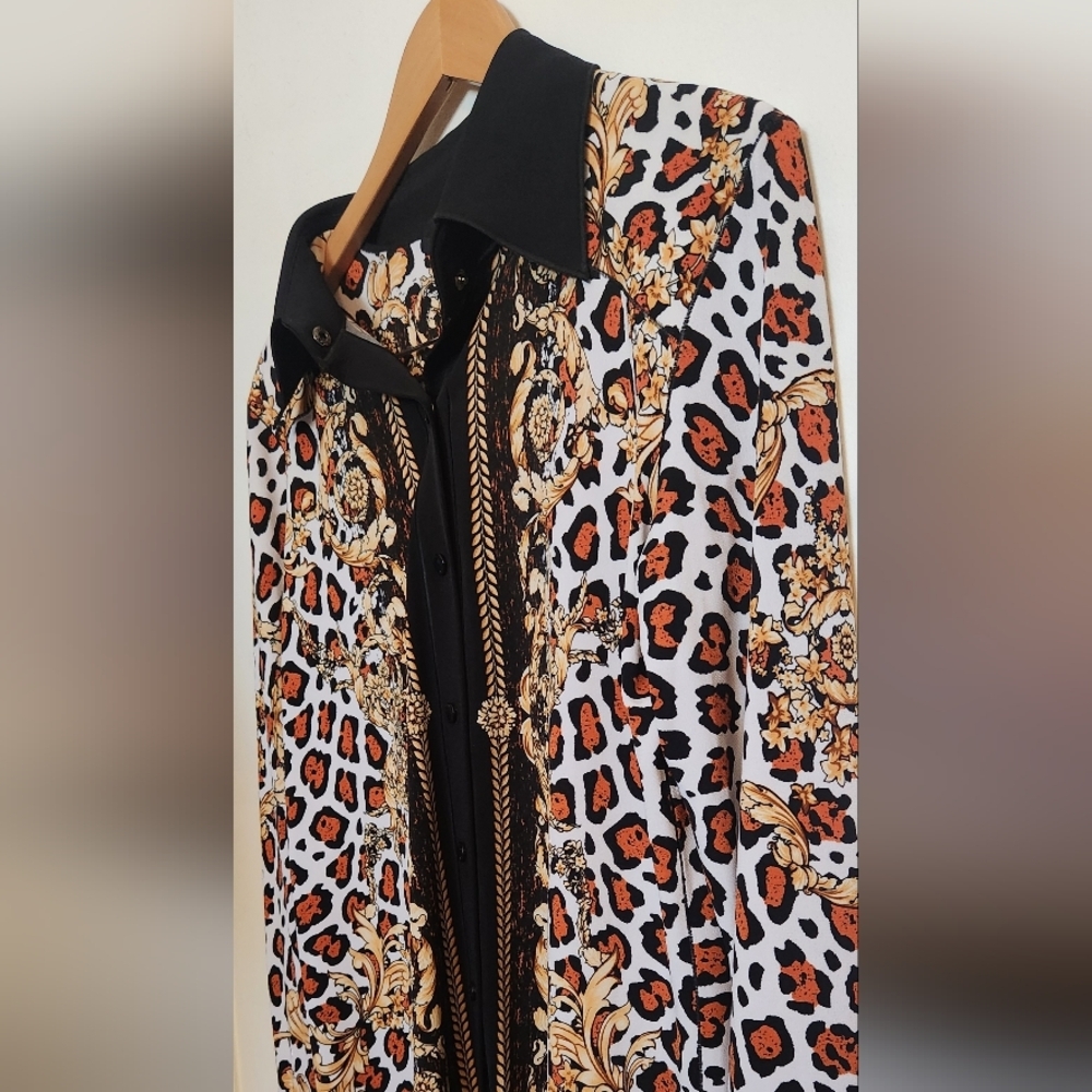 Chic Women's Button Down Shirt with Leopard and Gold Design - Picture 3 of 5